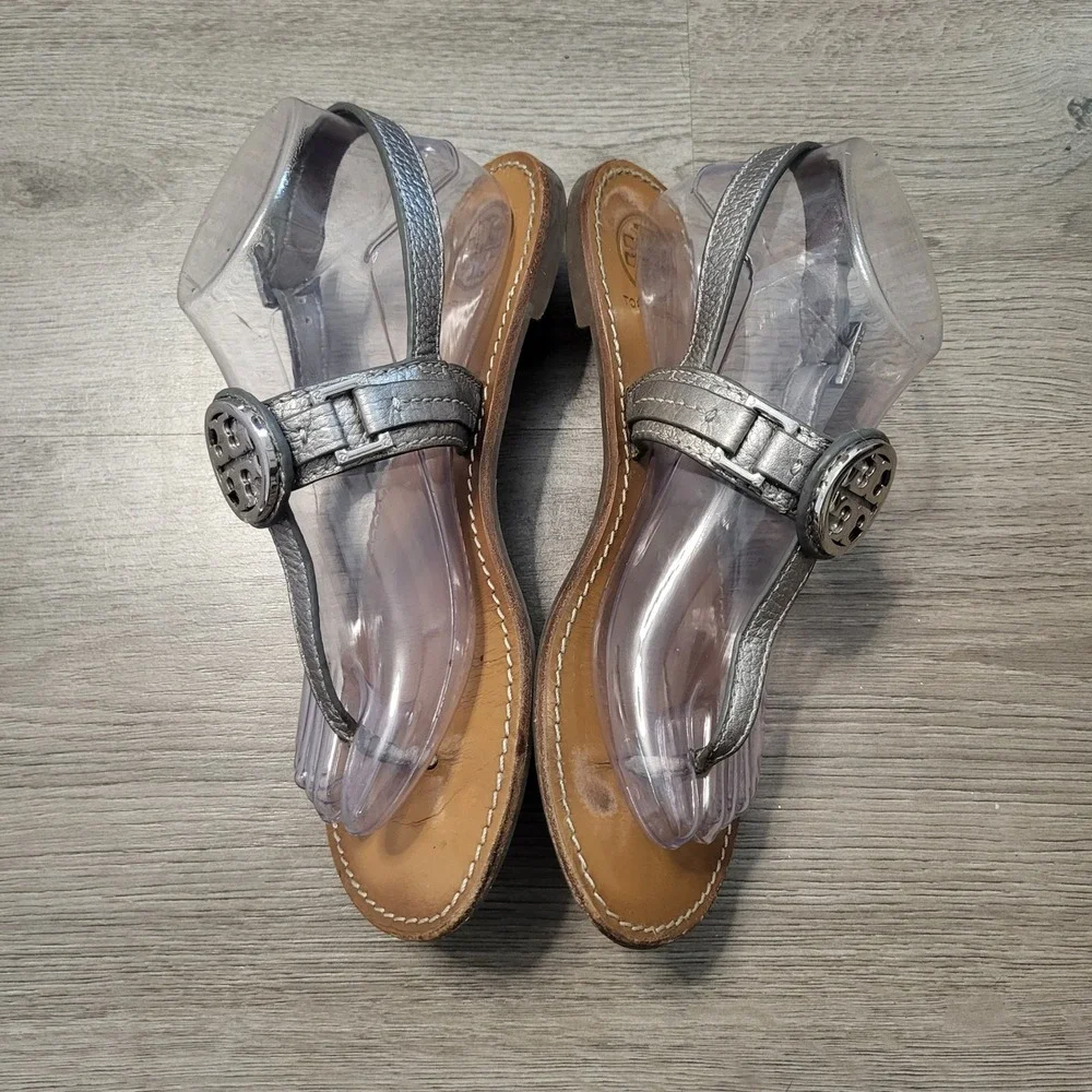 Tory Burch size 8 Metallic Silver Pewter Leather Ankle Strap Sandals Flat Logo